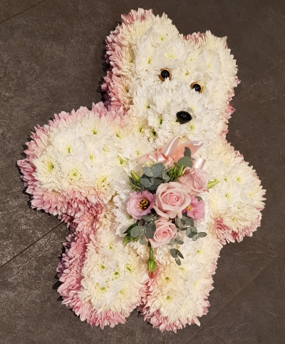 White based chrysanthemum teddy with flower and foliage spray funeral tribute 