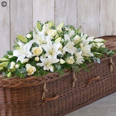 lily and rose flower and foliage coffin spray