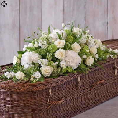White and green flower and foliage coffin spray 