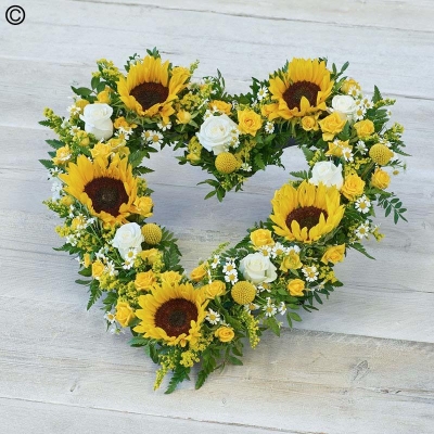 sunflower and yellow flower and foliage open heart funeral tribute