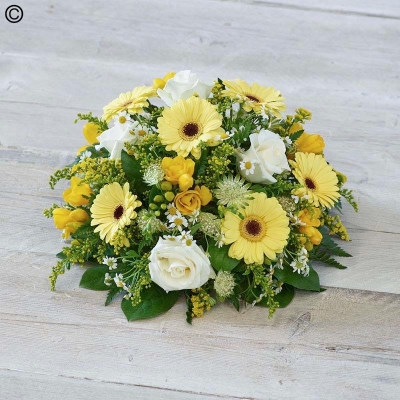 yellow scented flower and foliage funeral tribute posy