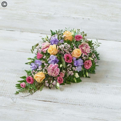 scented pastel flower and foliage single ended funeral coffin spray