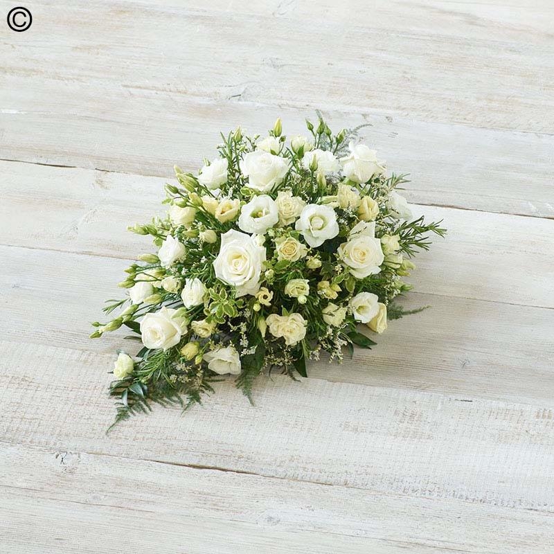 mixed flower and foliage single ended funeral coffin spray