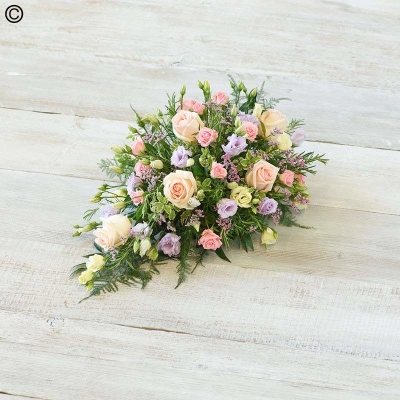 mixed flower and foliage single ended funeral coffin spray
