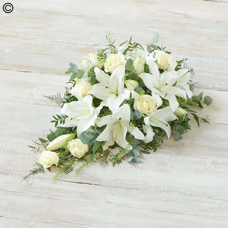 rose and lily flower and foliage single ended funeral coffin spray