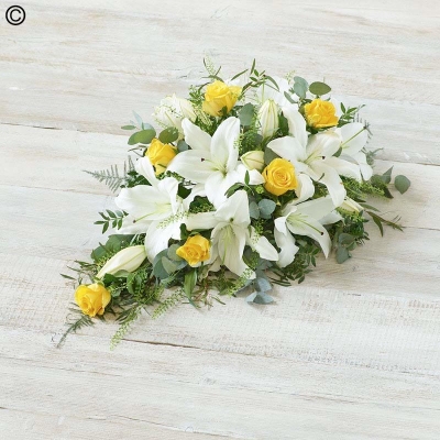 rose and lily flower and foliage single ended funeral coffin spray