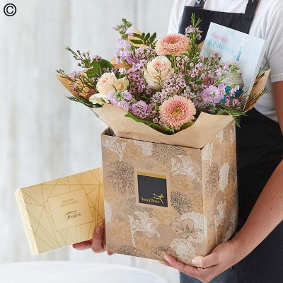birthday card, chocolate and flower handtied bouquet in a gift box