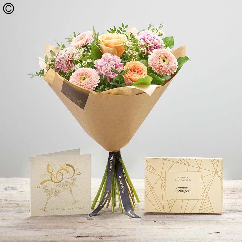 congraduations card, chocolate and flower handtied bouquet in a gift box