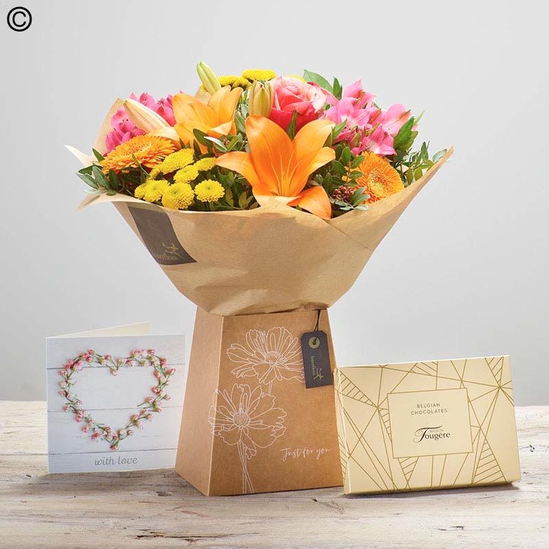 get well soon card, chocolate and flower handtied bouquet in a gift box