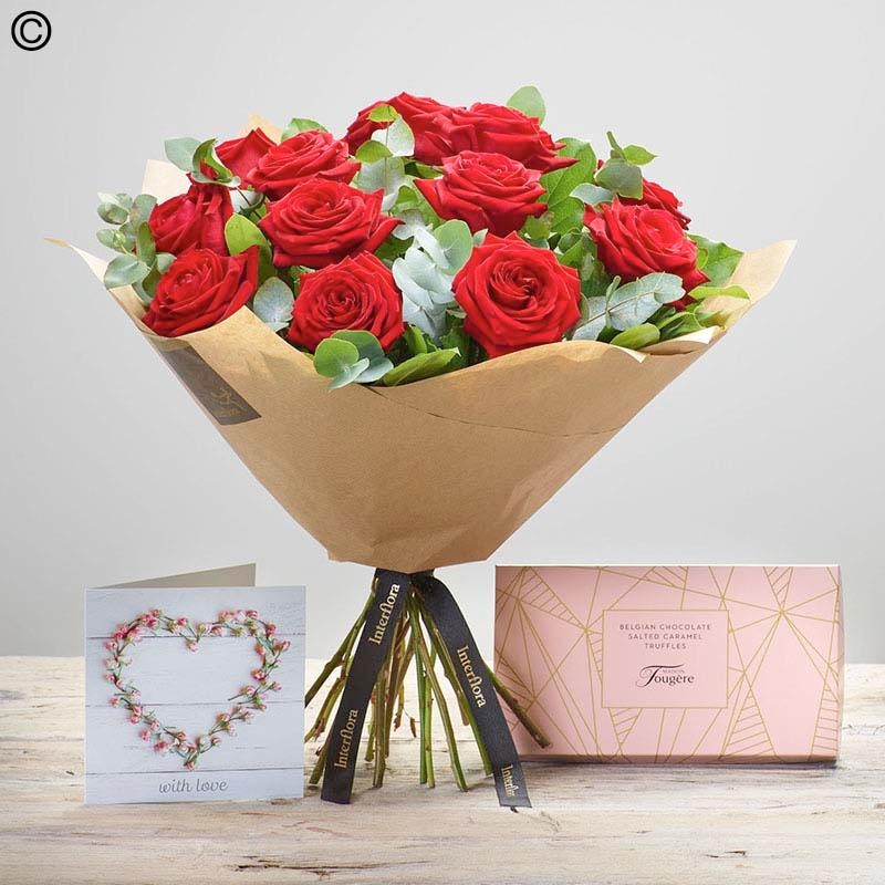 anniversary card, chocolate and flower handtied bouquet in a gift box