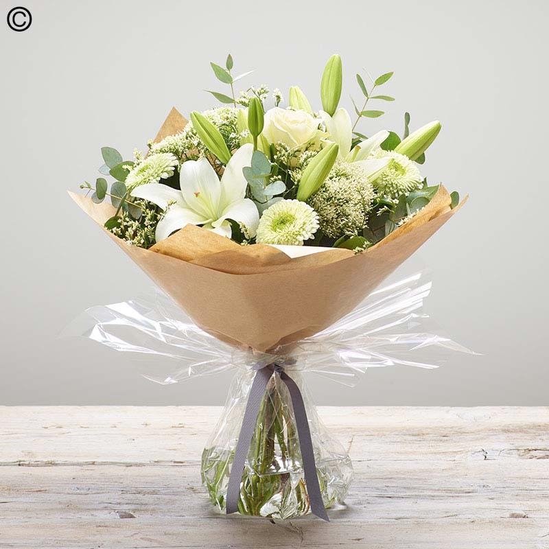 sympathy white flower handtied bouquet