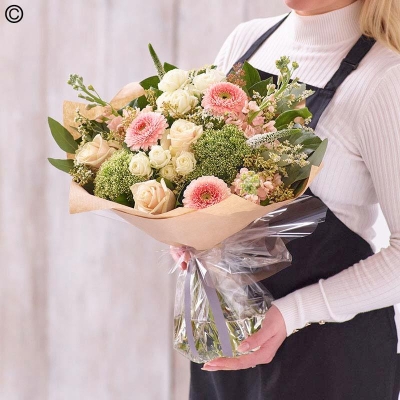 sympathy white and pastel flower handtied bouquet