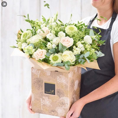 sympathy white and pastel flower handtied bouquet in a gift box