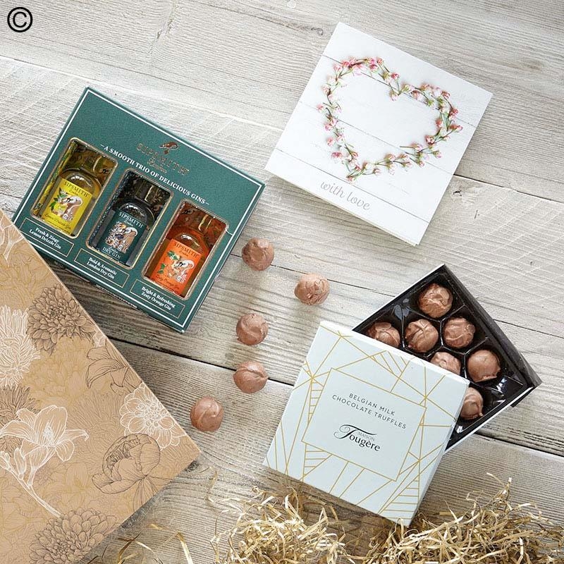 greeting card, gin trio and chocolate gift set