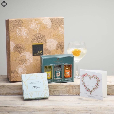 greeting card, gin trio and chocolate gift set