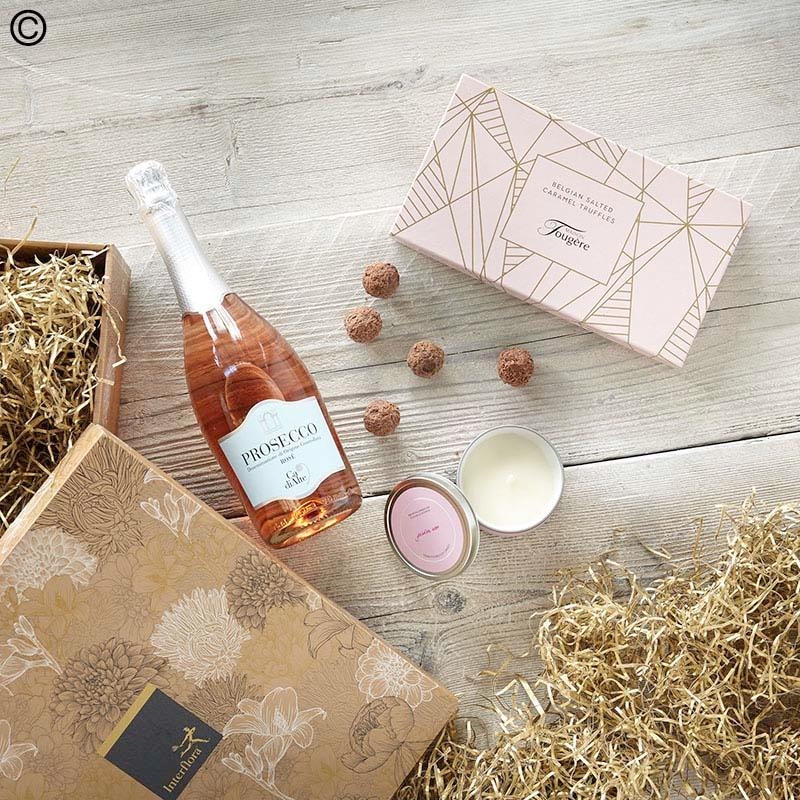 sparkling rose, candle and chocolate gift set