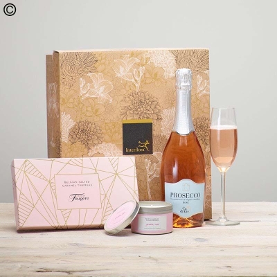 sparkling rose, candle and chocolate gift set