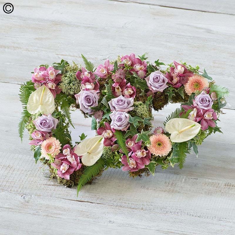 pastel flower and foliage double heart funeral tribute