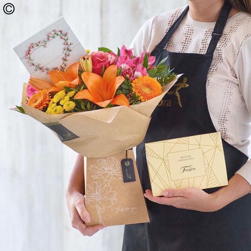 get well soon card, chocolate and flower handtied bouquet in a gift box