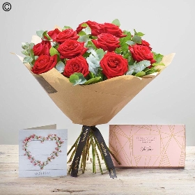 anniversary card, chocolate and flower handtied bouquet in a gift box