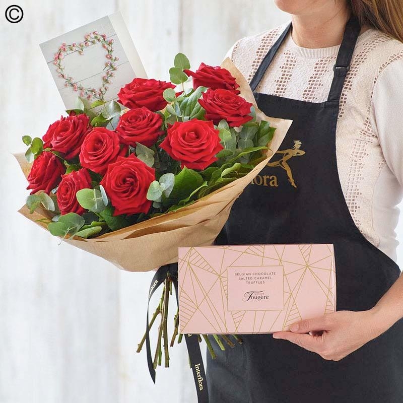 anniversary card, chocolate and flower handtied bouquet in a gift box
