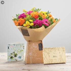 thank you card, chocolate and flower handtied bouquet in a gift box
