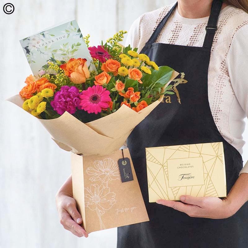 thank you card, chocolate and flower handtied bouquet in a gift box