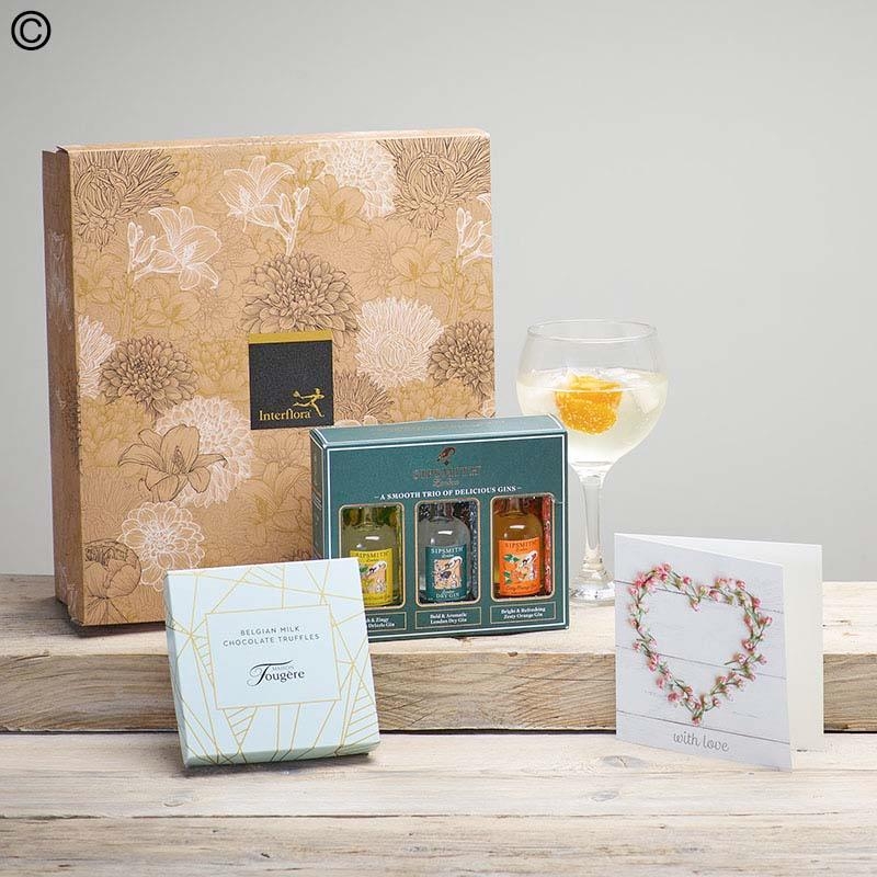 greeting card, gin trio and chocolate gift set