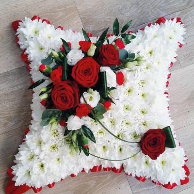 Red rose and based white chrysanthemum cushion funeral flower tribute with ribbon 