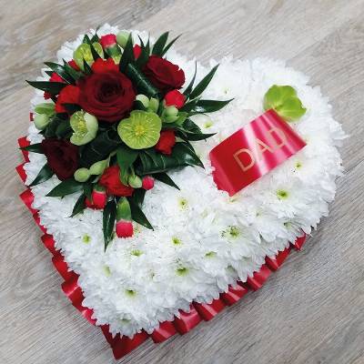 red and white based chrysanthemum flower heart funeral tribute 