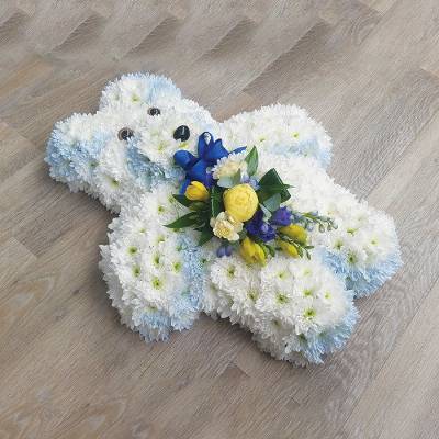 White based chrysanthemum teddy with flower and foliage spray funeral tribute 