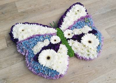 White, Blue and Purple Butterfly Funeral Flower Tribute