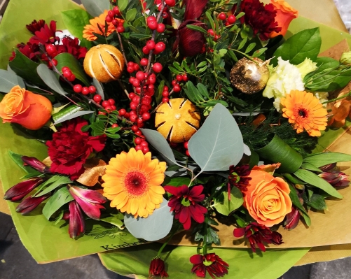 Copper christmas flower and foliage handited bouquet gift bag