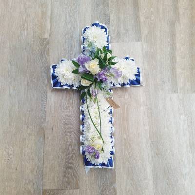 Cross with Blue or Pink Ribbon Edge and Sprays