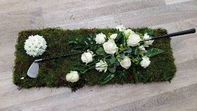 Golf Club and Ball Funeral Flower Tribute with Rose Spray