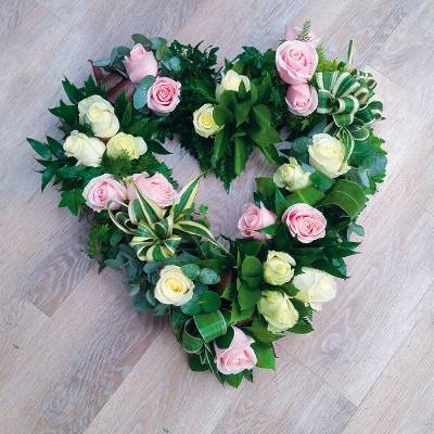 mixed rose flower and foliage open heart funeral tribute 