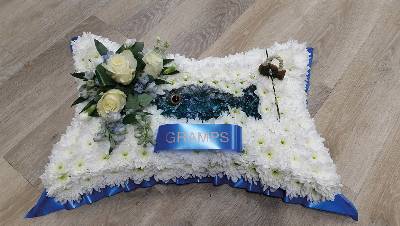 Funeral Flower Pillow with Fishing Rod Tribute