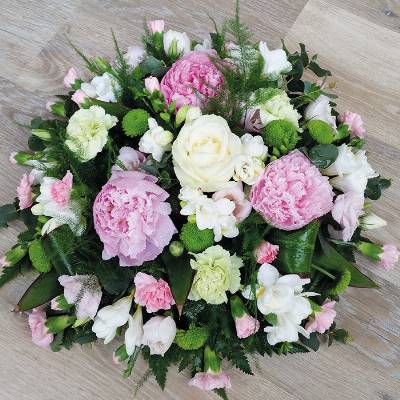 Pink peony and white scented funeral tribute flower and foliage posy
