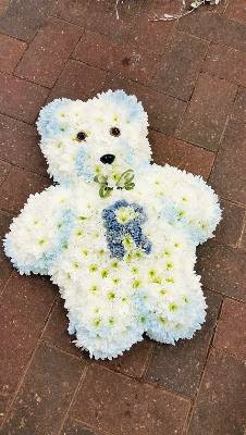 White chrysanthemum flower based teddy funeral tribute 
