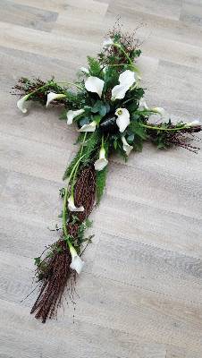 White cala lily flower and willow foliage cross funeral tribute 