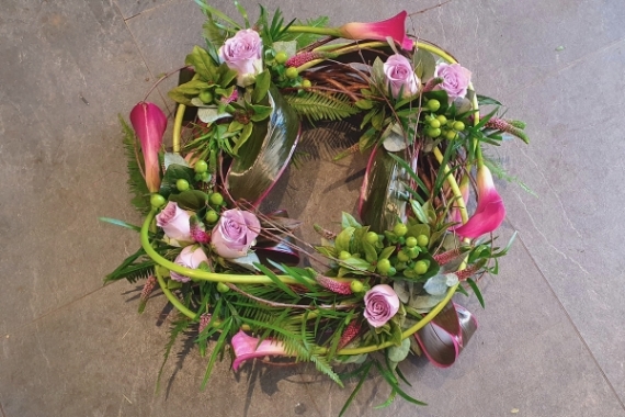 Willow and lilac rose flower and foliage funeral tribute wreath 