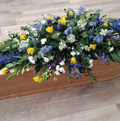  Yellow roses, blue delphiniums, purple and white flower and mixed foliage double ended funeral coffin spray