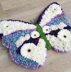 White, Blue and Purple Butterfly Funeral Flower Tribute