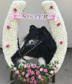 extra large horseshoe and horse realistic flower funeral tribute