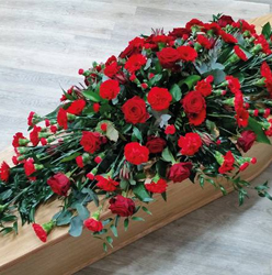 red rose, scarlett carnation and germini flower and foliage double ended funeral coffin spray