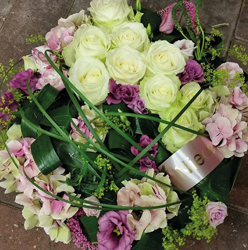 White and pink contemporary rose and hydrandea flower and foliage posy funeral tribute