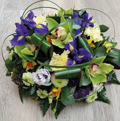 Contemporary green orchid and blue iris funeral tribute flower and foliage posy