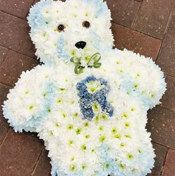 White chrysanthemum flower based teddy funeral tribute 